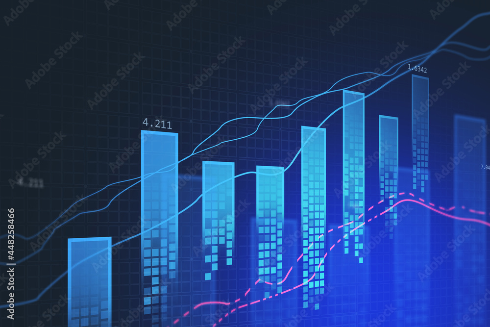 Poster light blue bar chart with red details of graphs