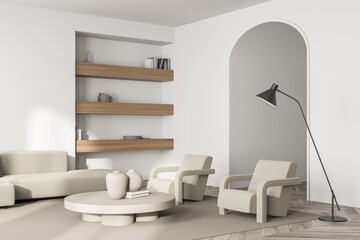 Light beige living room with arch and wooden bookshelves in the niche