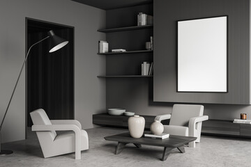 Corner of dark grey living room with banner, floor light and doorway