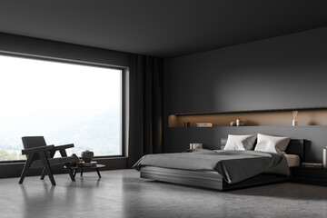 Grey bedroom corner with panoramic view, one armchair and niche