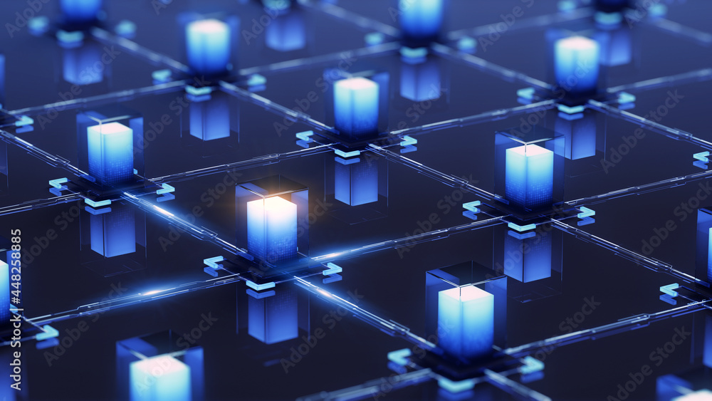 Poster block chain concept - network connections . 3d rendering