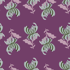 Fototapeta na wymiar Natural garden seamless pattern with green chrysanthemum flowers print. Purple background.