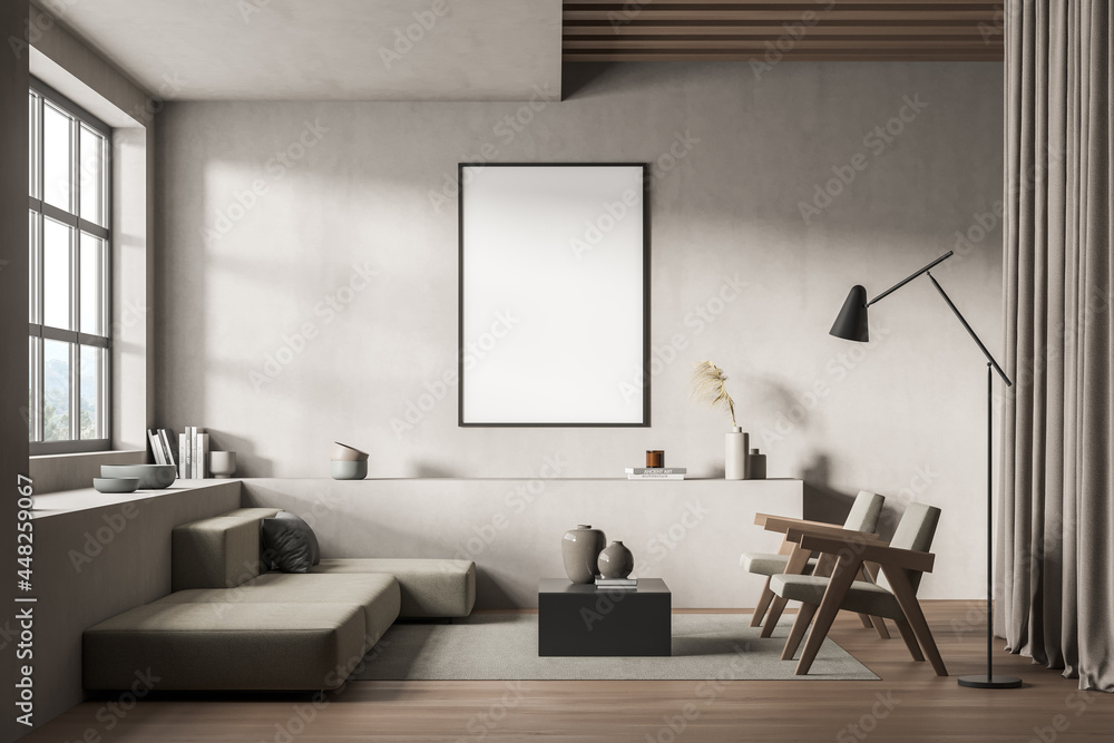 Poster mockup banner in the living room interior in shades of beige