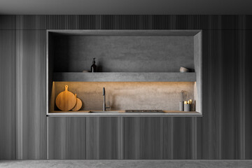 Closeup of minimalist dark kitchen cabinet with grey granite niche - obrazy, fototapety, plakaty
