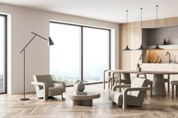 Panoramic kitchen space with minimalist details and beige furniture. Corner view.