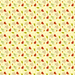 Autumn seamless pattern with colorful leaves, flowers, acorns and rowan branch. Autumn pattern design. Good for printing. Vector wallpaper.