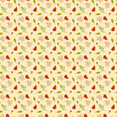 Fototapeta premium Autumn seamless pattern with colorful leaves, flowers, acorns and rowan branch. Autumn pattern design. Good for printing. Vector wallpaper.