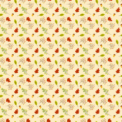 Autumn seamless pattern with colorful leaves, flowers, acorns and rowan branch. Autumn pattern design. Good for printing. Vector wallpaper.