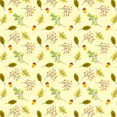 Autumn leaves seamless pattern with leaves, flowers, acorns and rowan branch. Autumn pattern design. Good for printing. Vector wallpaper.