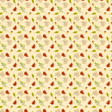 Autumn seamless pattern with colorful leaves, flowers, acorns and rowan branch. Autumn pattern design. Good for printing. Vector wallpaper.