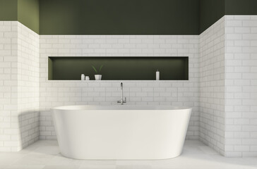 Fototapeta na wymiar Close-up view with bathtub and niche in 3d white and olive bathroom