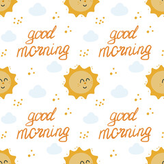 Good morning. Cute baby seamless pattern. Sun and clouds. Vector illustration
