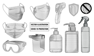 Coronavirus Protection, vector illustration, hand-drawn vector illustration, engraving style, isolated on white background, medical mask, protective glasses, face shield, dispenser, thermometer