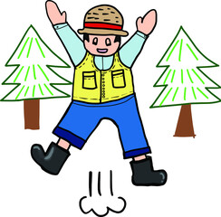 男性がジャンプして喜ぶ。跳ねる。飛ぶ。