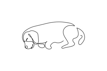 Sleeping dog in continuous line art drawing style. Cute beagle dog asleep minimalist black linear sketch isolated on white background. Vector illustration