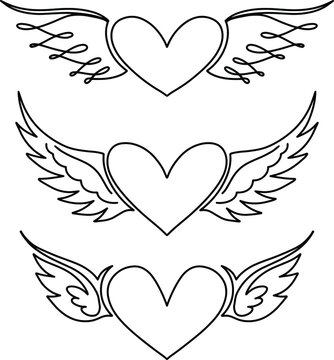 Hearts wings doodle set in sketch style. Romantic background. Abstract background. Vector outline illustration. Vector graphic illustration. Holiday card. Vector pattern. Vector art.