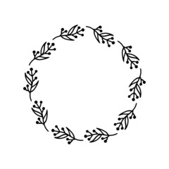 Hand-drawn wreath on white background. Black plant doodle wreath.