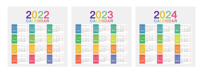 Fototapeta Year 2022 and Year 2023 and Year 2024 calendar vector design template, simple and clean design. Calendar for 2022 and 2023 on White Background for organization and business. Week Starts Monday. obraz
