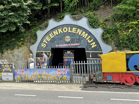 Valkenburg, the Netherlands - July 30, 2021: Unknown participants in front of Dutch coal mine museum 'Steenkolenmijn'.