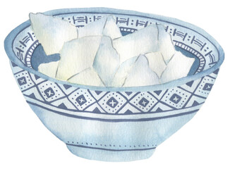 Watercolor isolated bowl of ice on white background.  Ice cubes.  Summer.  Cocktail making.  Handpainted design element for recipes or menus