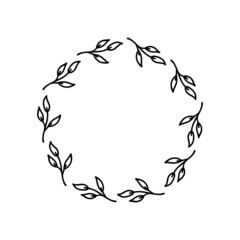 Hand-drawn wreath on white background. Black plant doodle wreath.