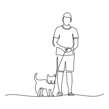 Man With A Dog Pet In Continuous Line Art Drawing Style. Dog On A Leash With His Owner. Black Linear Sketch Isolated On White Background. Vector Illustration