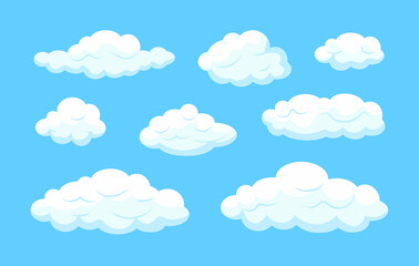Vector Cartoon Clouds Set, Sky Blue Background and White Clouds, Vector Illustration.
