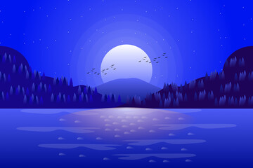 landscape cartoon of sea and starry night sky in blue color illustration