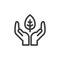 Hands holding a leaf icon. Environment friendly or sustainability brand emblem. Nature preservation concept.