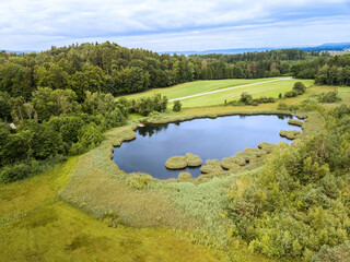 Aerial image of a pond with floating turf mats, which were cut of from peat block covered with...