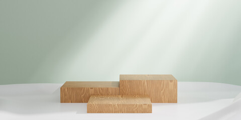 Cosmetic display product stand, Three wood blocks podium on pastel green background. 3D rendering illustration.