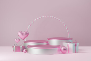Cosmetic display product stand, Three Pink white cylinder block podium with circle giftbox and heart on pink background. 3D rendering illustration.