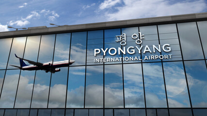 Airplane landing at Pyongyang North Korea airport mirrored in terminal