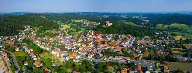 Fototapeta na wymiar Aerial view around the old town of Falkenstein in Germany., Bavaria on a sunny morning in spring.