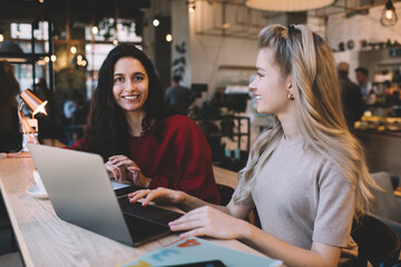 Young women sitting in cafe and doing job on laptop