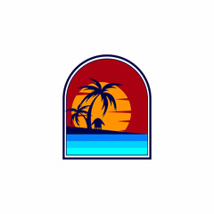 Silhouette of a beach logo with coconut trees and a hut