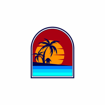 Silhouette of a beach logo with coconut trees and a hut