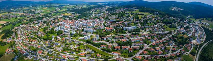 Fototapeta na wymiar Aerial view around the city Waldkirchen in Germany., Bavaria on a sunny afternoon in spring.
