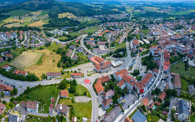 Aerial view around the city Hauzenberg in Germany., Bavaria on a sunny afternoon in spring.