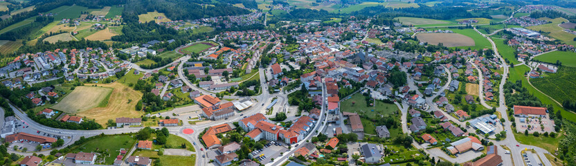 Fototapeta na wymiar Aerial view around the city Hauzenberg in Germany., Bavaria on a sunny afternoon in spring.