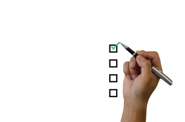 hand holding a green checkmark on a white background