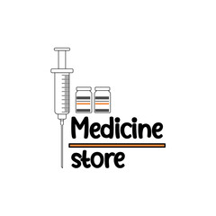 Medical Syringe With Needle And Vial In Flat Style, Concept Of Vaccination, Injection. Syringe And Vial Logo With Medicine Store Inscription. The Syringe Logo Is Black On A White Background.