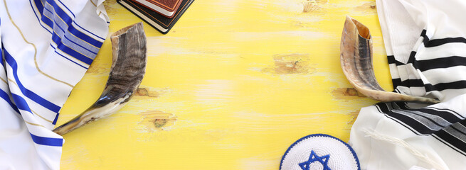 religion image of shofar (horn) on white prayer talit. Rosh hashanah (jewish New Year holiday),...