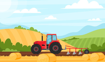 Agriculture and farming. Vector illustration of rural landscape with driving tractor working on farmed land, fields, hay, trees and bushes. Agribusiness. Countryside autumn landscape. Farm concept