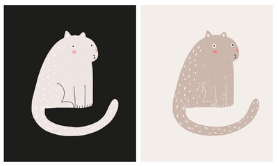 Cute Hand Drawn Vector Illustration with Beige and Brown Cat on a Light Brown and Black Background. Nursery Art with Funny Kitty ideal for Card, Invitation, Poster, Wall Art.