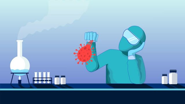 Doctor thinking about virus , research , vaccine for covid19 corona virus in a Lab , playing with it like a yo yo , funny style flat design concept minimal 