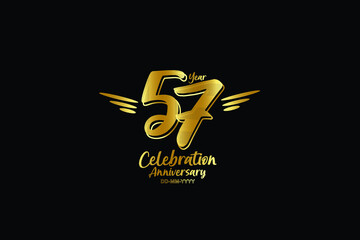 57 year anniversary gold colors on black background  with triple small stripes on left and right- vector 