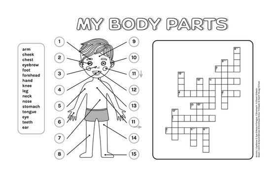 Crossword Puzzle Cute Little Boy and My Body Parts. A Sheet from a Workbook for an Educational Game with Children, for Printing. English Words.