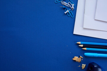 Blue Flat lay Back to school concept, School and office supplies on with copy space