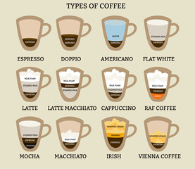 Vector illustration of coffee types with ingredients